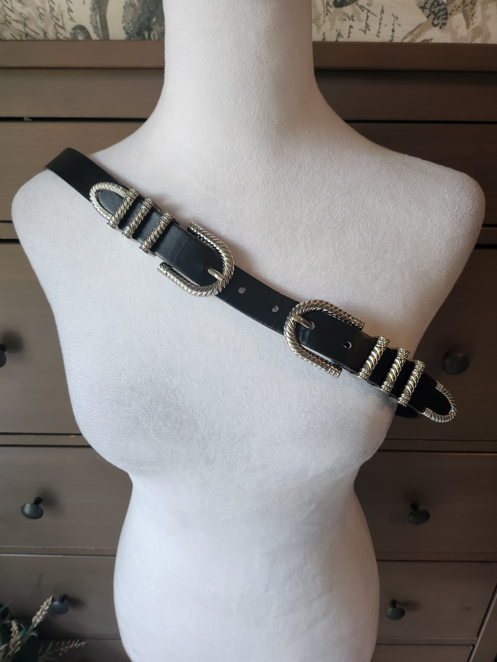 Black and silver double buckle belt, faux leather women's medium
